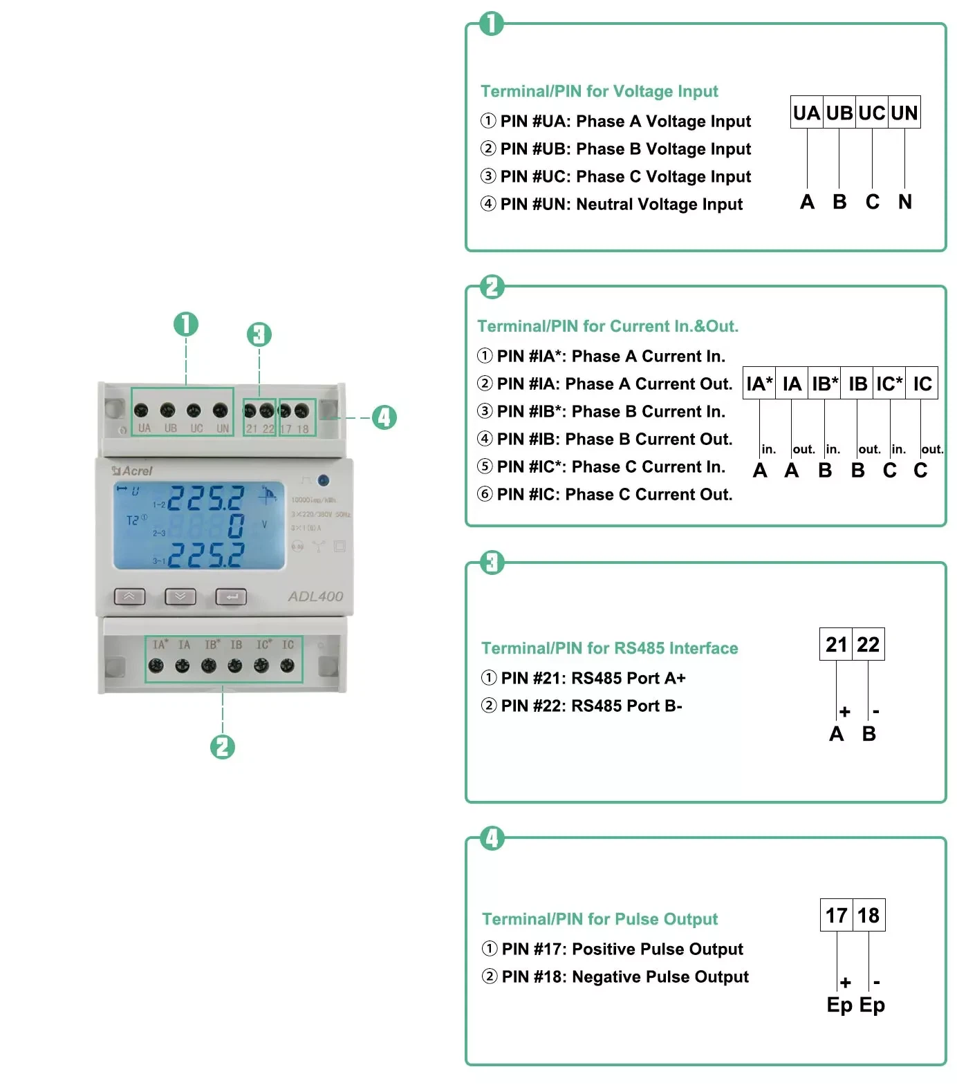 1.Acrel 5A input din rail meter connection 1.Acrel 5A input din rail meter connection
